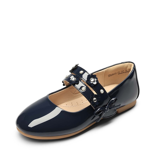 Girls Flower Pearls Bow Mary Jane Flats - NAVY -  0